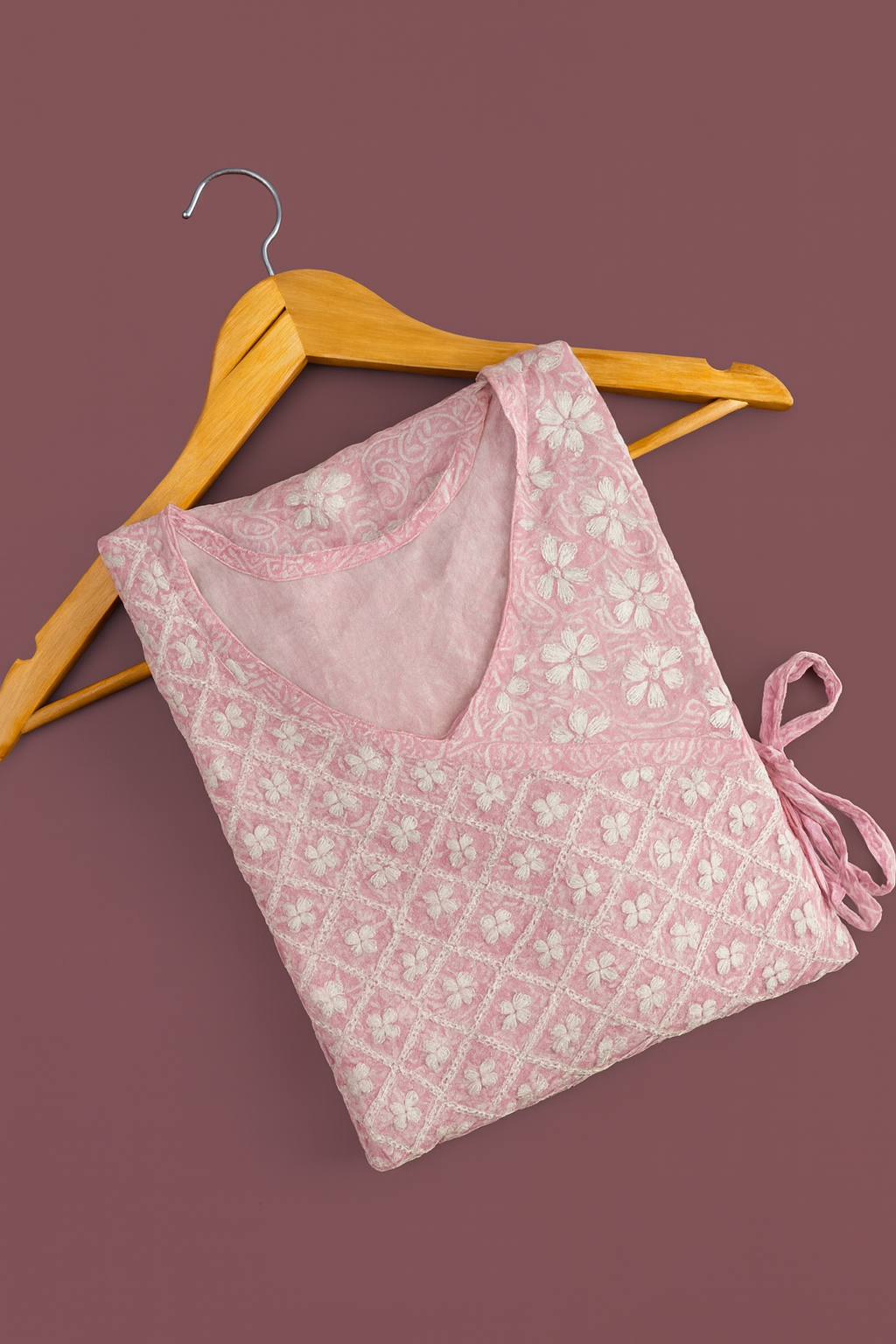 Blush Pink Cotton Chikankari Gown-Style Kurty