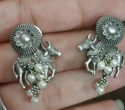Sacred Nandi Oxidised Pearl Earrings