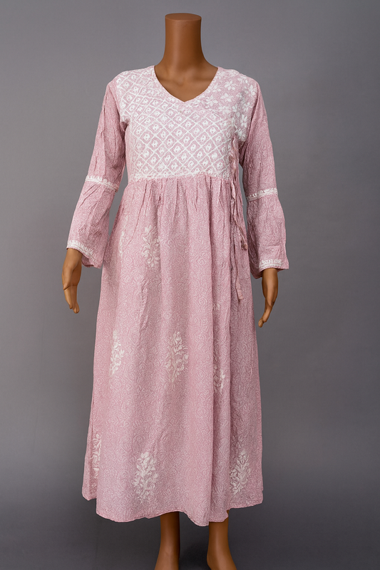 Blush Pink Cotton Chikankari Gown-Style Kurty