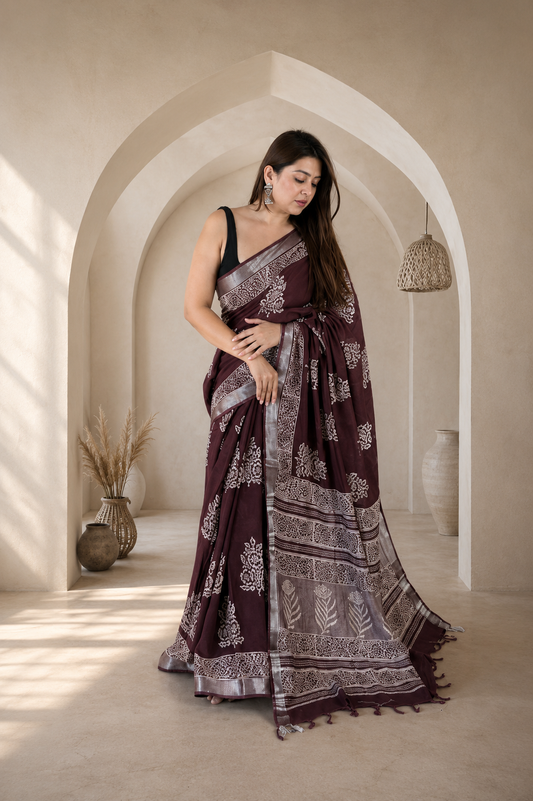 Linen Cotton Hand Block Printed Saree