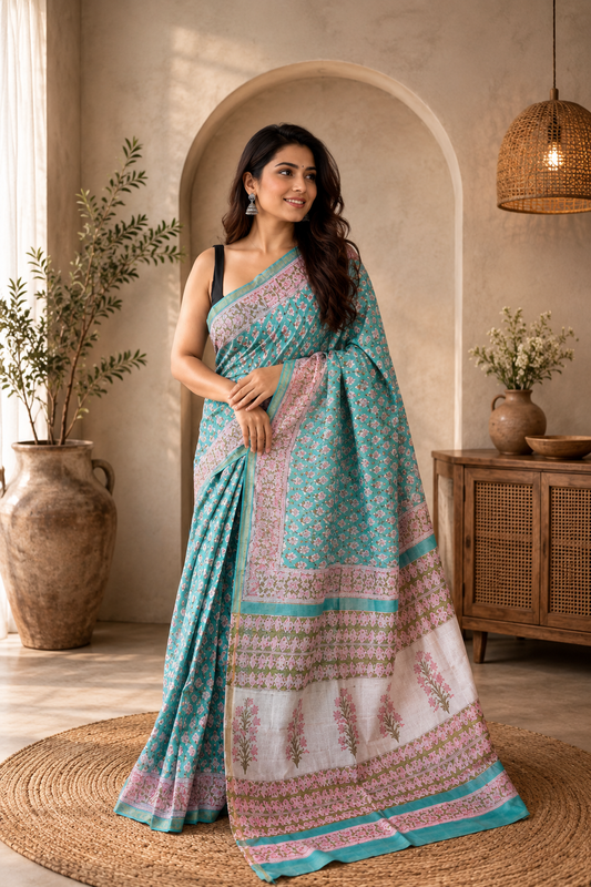 Aqua Bloom Chanderi Silk Saree